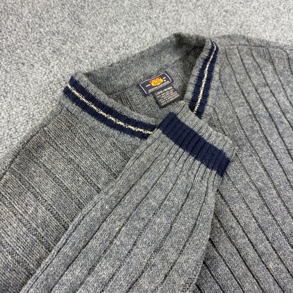 Route 66 V-Neck Sweater Large Gray Shetland Wool Blend Ribbed Knit Mens